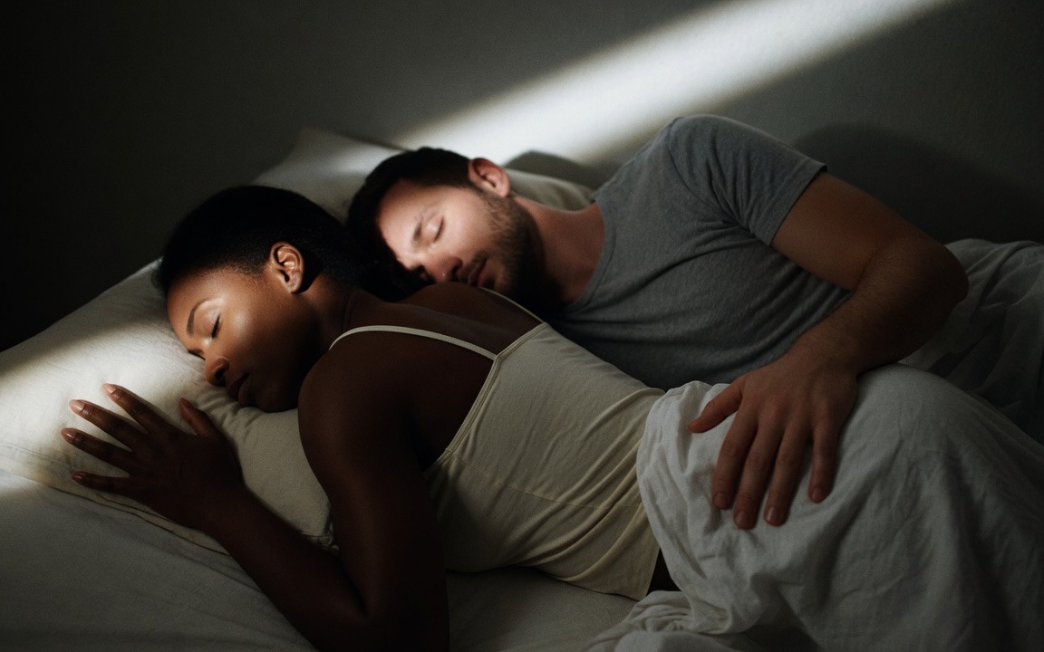 A woman in a pale camisole lying on her side facing away in a dark bedroom with a sheet drawn over her waist, her open hand resting on the pillow in front of her face, a man in a grey t-shirt lying close behind her with his hand settled on her hip, a bar of headlight sweeping across the wall above them.