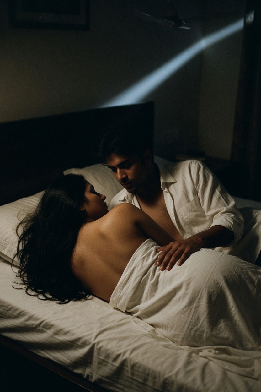 A woman with long dark hair lies on her side facing away in a dark bedroom, her bare back above a white sheet, a man in an open shirt close behind her with his hand settled at her hip, a car’s headlights sweeping the ceiling above.
