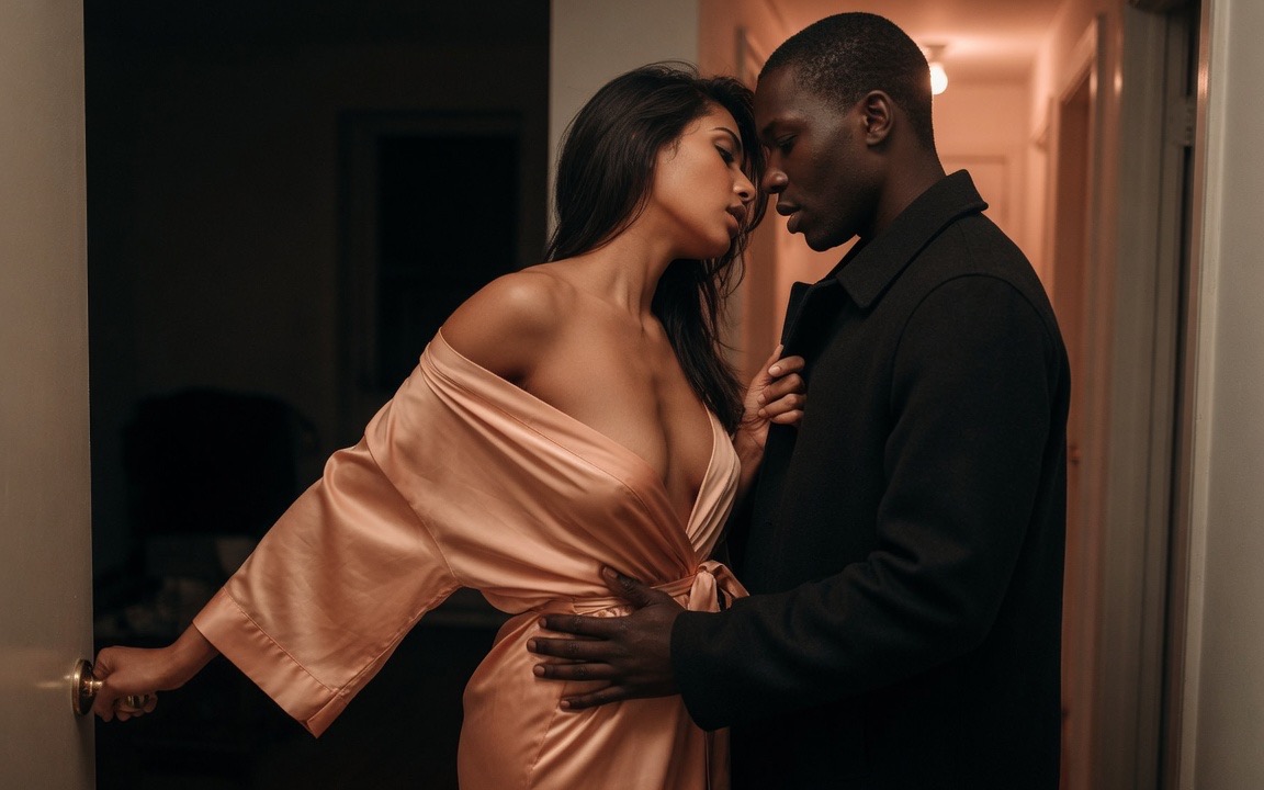 A woman in a peach silk robe fallen from both shoulders standing in her open apartment doorway at night, one hand still on the doorknob and the other holding the lapel of a man in a dark overcoat, his hand at her waist and their faces close, warm hallway light behind him and the apartment dark behind her.