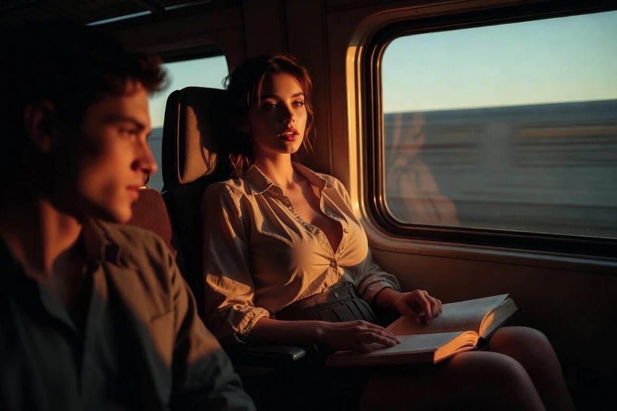 On a train at sunset, a woman in a cream shirt sits by the window with an open book on her lap; a young man sits across from her in the foreground.