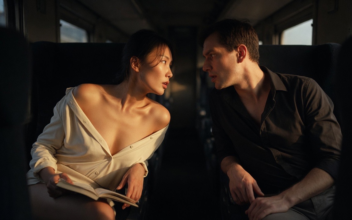 A woman in a cream shirt slipping off one shoulder sitting in a train carriage at sunset with an open book in her lap, looking up at a man in a dark shirt seated across from her who is looking back, low gold light through the windows and the rest of the carriage dark.