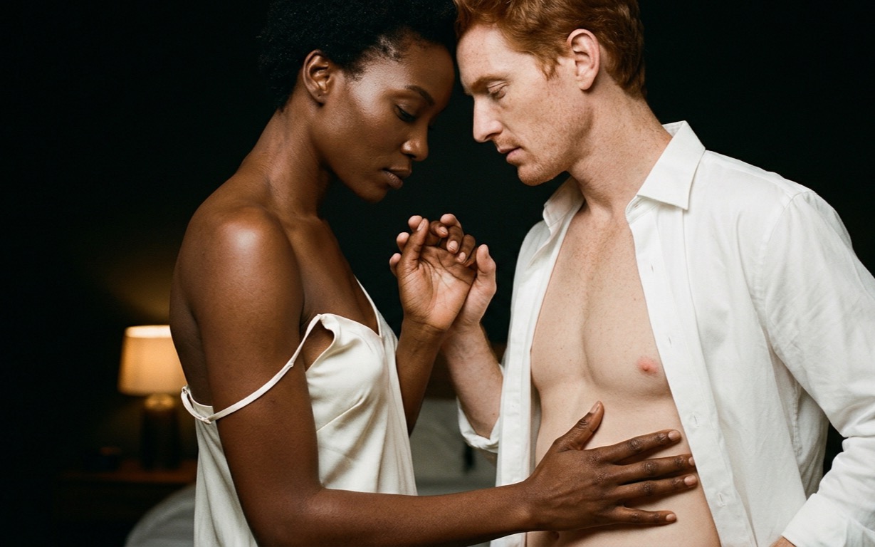 A Black woman with short natural hair, in an ivory silk camisole with one strap fallen off her shoulder, stands forehead-to-forehead with a red-haired white man whose white shirt hangs open over his bare chest and stomach; she holds his raised hand near her face while her other hand rests flat against his bare stomach, in a dim room lit by one warm bedside lamp.
