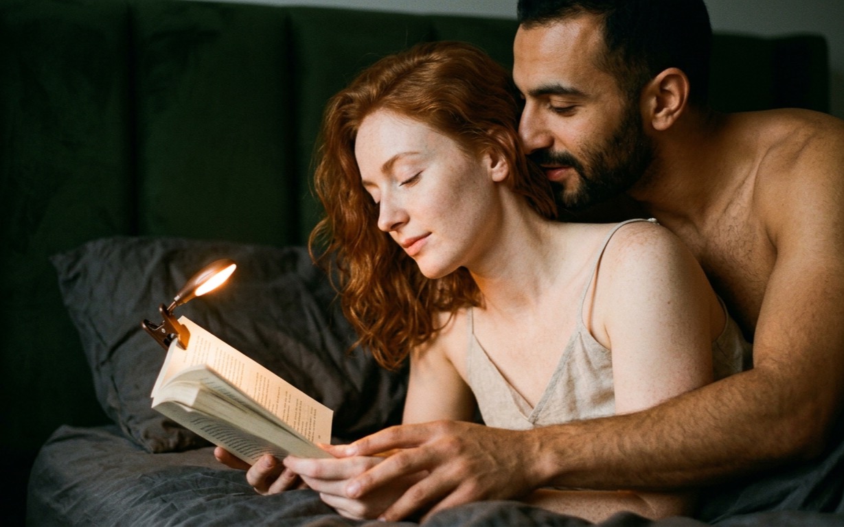 A freckled, pale-skinned woman with long copper-red curly hair sits up in bed in a thin cream camisole, eyes half-closed, holding an open paperback lit by a small clip-on book light; a bare-chested man with dark hair and a short dark beard sits close behind her, his mouth at her ear, his arm around her and his hand over hers on the book, against a dark upholstered headboard.