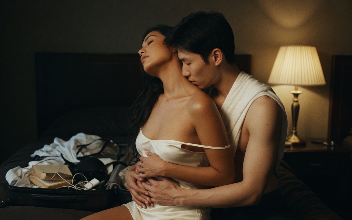 A woman in an ivory silk slip, one strap fallen, leaning back against a man in a sleeveless undershirt, his mouth at the side of her throat, her hand over his on her stomach, a lit lamp and a half-packed open suitcase on the bed beside them.
