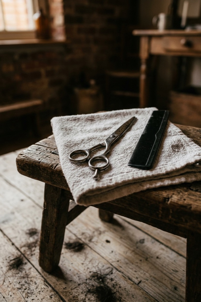 A worn pair of hairdressing scissors and a black comb resting on a folded white towel on a wooden kitchen stool, a few dark hair clippings on the pale floorboards beneath, warm low evening light.