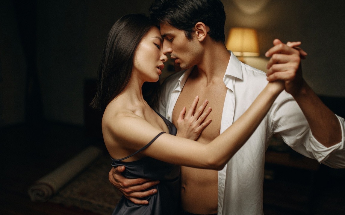 A woman with straight dark hair in a charcoal silk slip, one strap slid off her shoulder, her hand flat on the bare chest of a man in an unbuttoned white shirt, their foreheads nearly touching and eyes closed, his other hand raised clasping hers, a rolled-up rug and a lit lamp in the dim room behind them.