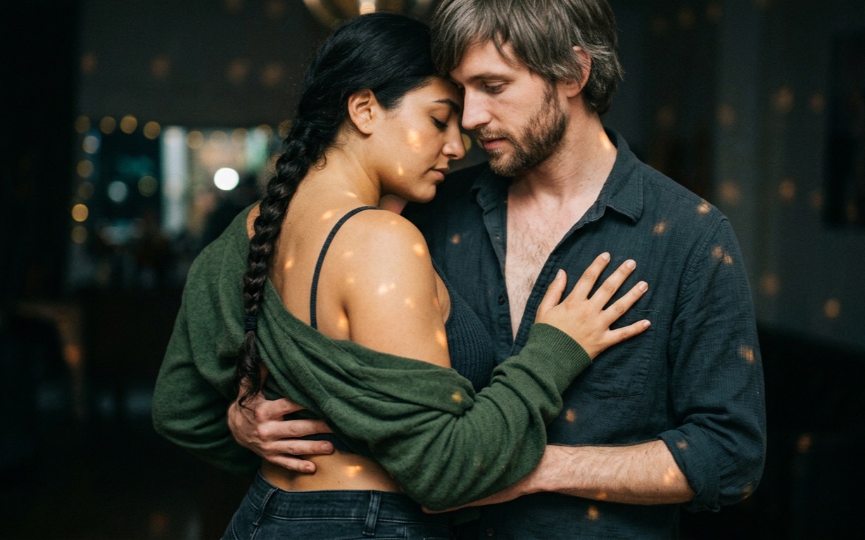 A dark-haired woman in a camisole with a green cardigan slipping off one bare shoulder stands pressed against a bearded man in an unbuttoned dark shirt, her forehead against his jaw and her eyes closed, his hand resting at her side. Small flecks of golden light are scattered across their skin and clothing, with blurred string lights glowing in the dark room behind them.