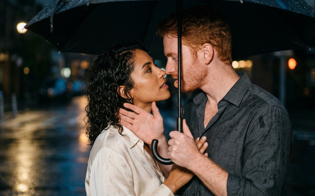 A woman with dark curly hair in a damp ivory silk blouse stands close to a red-haired, stubbled man in a wet charcoal shirt under a black umbrella at night, his hand cupping her jaw, his other fist gripping the umbrella's shaft with her fingers resting against it, their mouths close but not touching, a wet street and blurred amber streetlights behind them.
