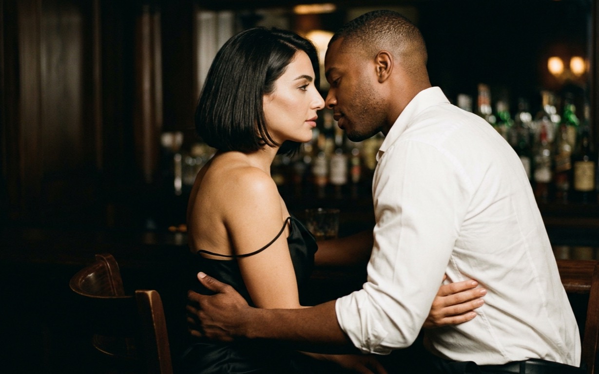 A woman with a sleek black chin-length bob in a black silk slip dress, one thin strap slipped down her arm, sits in profile at a dark wood bar turned toward a clean-shaven Black man in a white dress shirt with the sleeves rolled; his hand is at the small of her back, hers rests at his waist, their faces close and not quite touching, a glass of whiskey on the bar and blurred amber bottle shelves behind them.