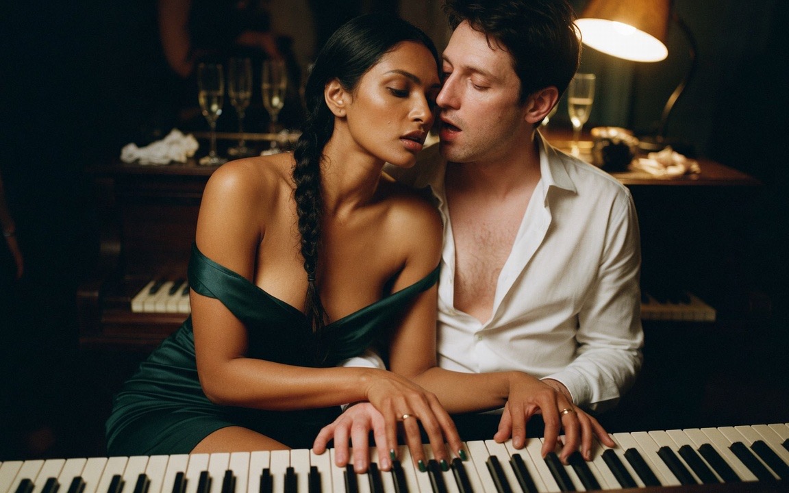 A South Asian woman with a long dark braid, in a deep-green off-the-shoulder satin dress, sits close beside a fair-skinned man in an unbuttoned white shirt at an upright piano, her hand overlapping his on the keys, her bare shoulder against his chest, his mouth near her temple, champagne glasses and a warm lamp lit on the piano top behind them in an otherwise dark room.