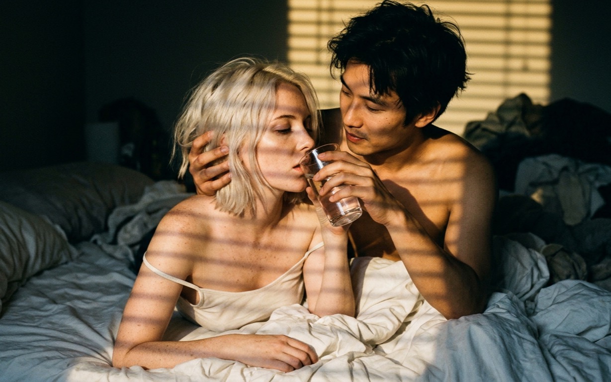 A pale, freckled platinum-blonde woman in a cream camisole tips her head back to drink from a glass held at her mouth, as a bare-chested, dark-haired East Asian man cups the back of her head with one hand, bands of warm light crossing them both through venetian blinds, in a bed with rumpled white sheets.