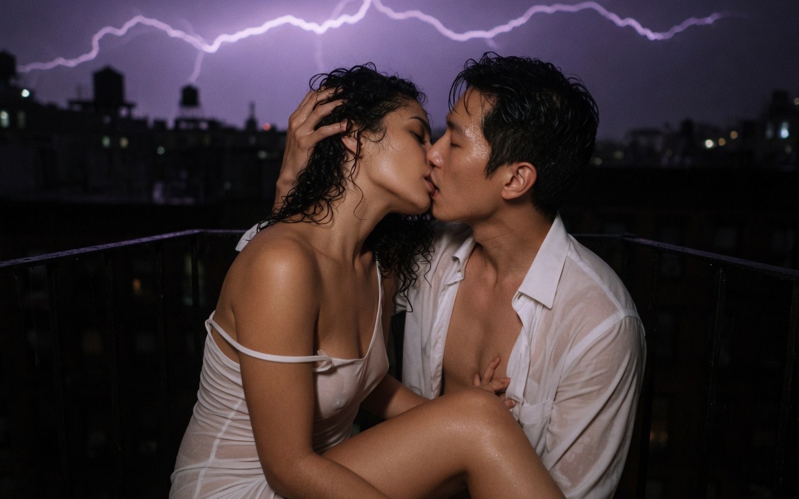 A woman with damp dark curls in a thin white slip with one strap fallen, kissing a man in an open wet shirt on a narrow iron fire escape at midnight, her hand in his hair and her bare knee against him, violet lightning branching across the sky over a blacked-out city behind them.