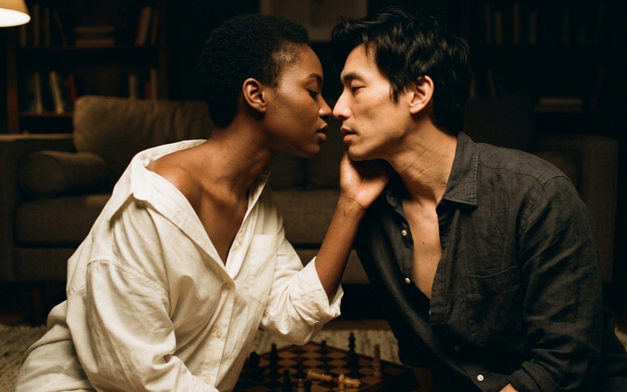 A Black woman with close-cropped hair, in an oversized white shirt, kneels face to face with a lean East Asian man in an open dark shirt, her hand at his jaw, their mouths close but not touching, over a chessboard with toppled pieces in the foreground and a lamp and sofa in shadow behind them.