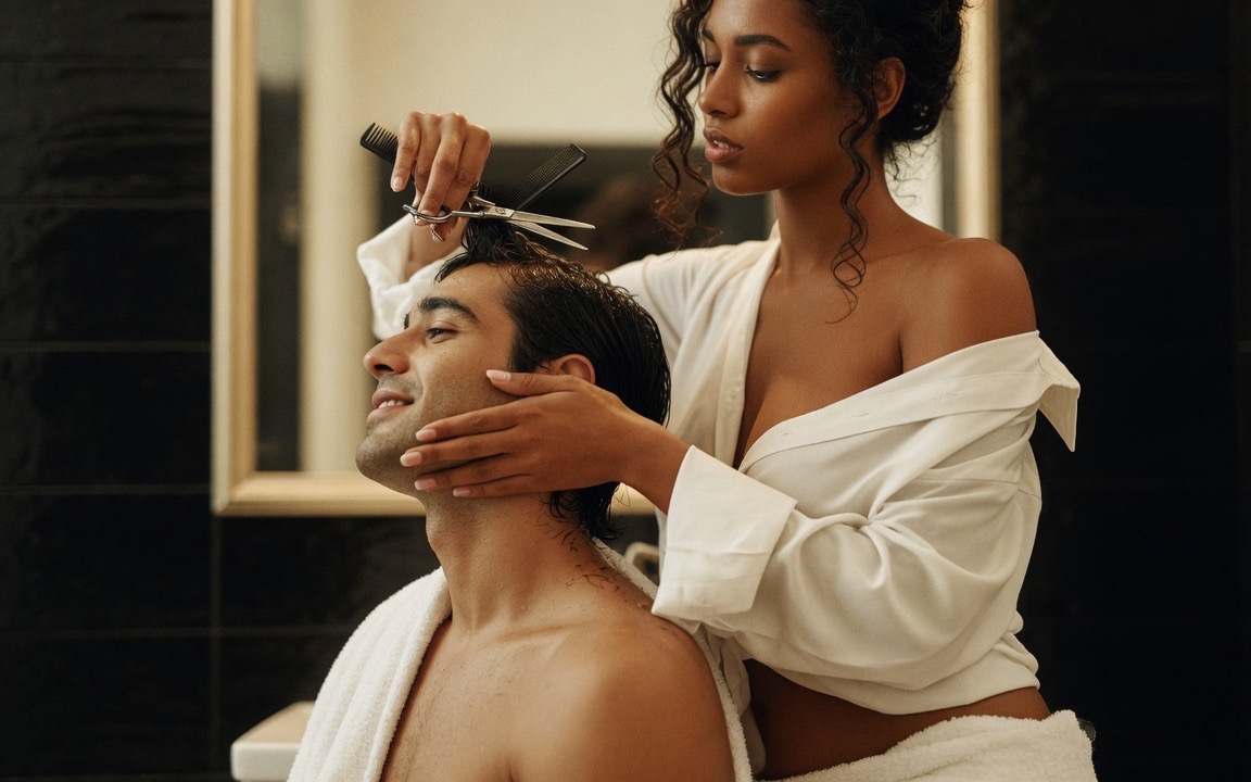 A woman with dark curls pinned up, in an open white shirt off one shoulder, stands behind a seated bare-shouldered man with damp dark hair, one hand tilting his jaw, the other holding a comb and scissors at his nape, in a warm-lit bathroom with dark tile and a mirror behind them.