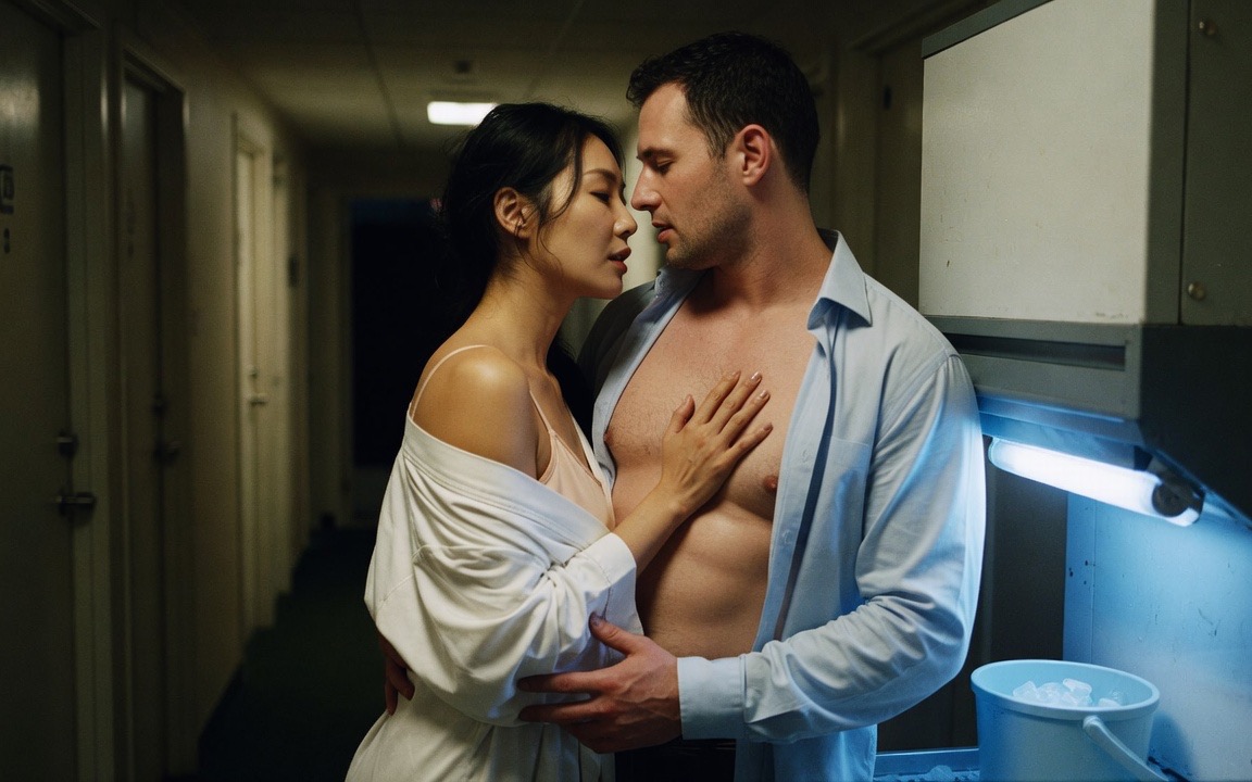 A Korean woman in a white hotel robe fallen off one shoulder over a slip stands close to a broad-shouldered man in an unbuttoned shirt in a dim hotel corridor, her hand flat on his bare chest, foreheads nearly touching, an ice bucket and the blue glow of an ice machine beside them, a row of closed doors receding behind.