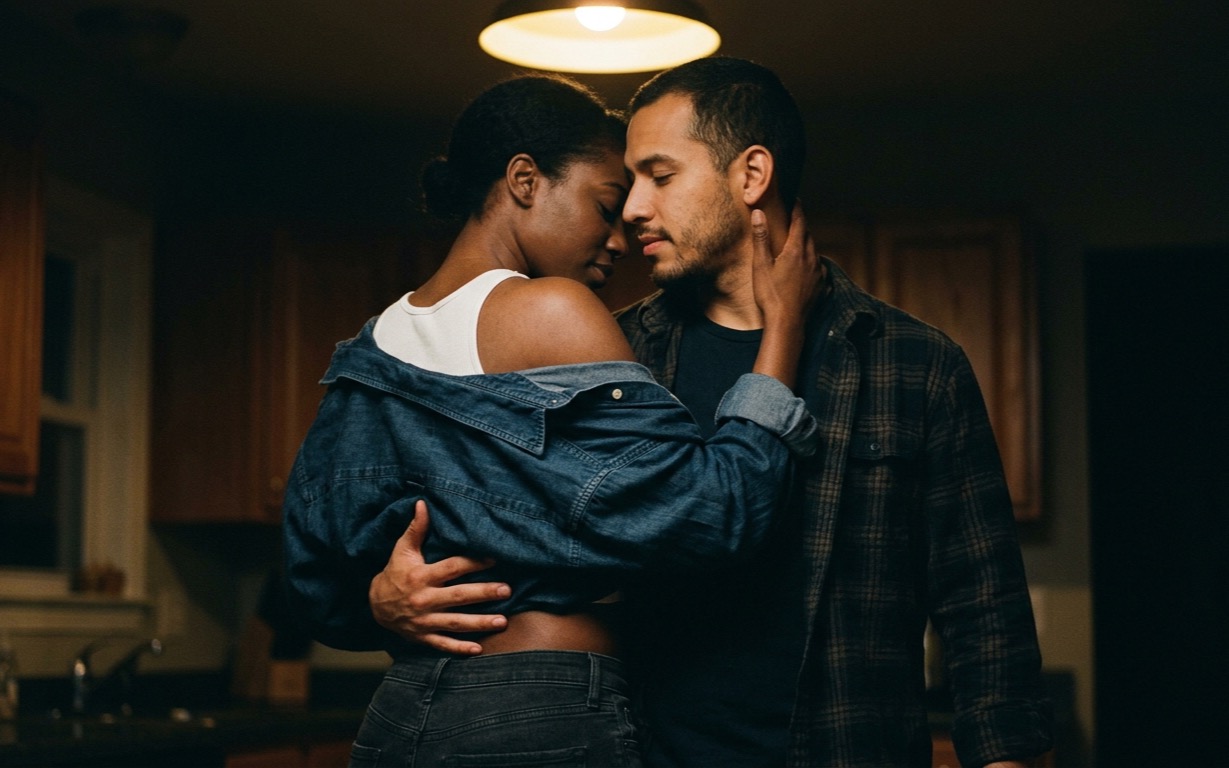 A man and a woman standing close together in a dim kitchen under a single pendant light, foreheads touching and eyes closed, her hand at the back of his neck and his arm around her waist with his hand flat on her lower back; she wears a white tank top under an open denim shirt slipping off one shoulder, he wears an open plaid shirt.