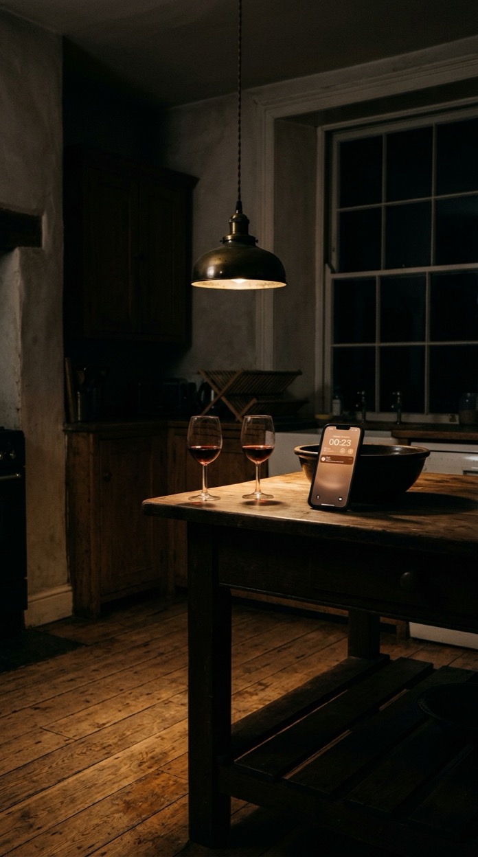 A dim kitchen at night: a low pendant light hangs over a wide wooden table holding two glasses of red wine and an upright glowing phone, dark cabinets and a curtainless window behind, bare wood-plank floor.
