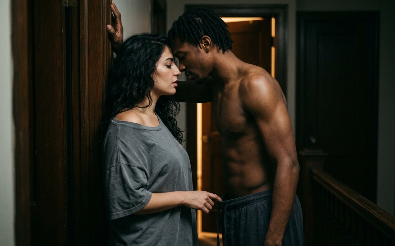 A woman with long dark wavy hair in an oversized grey T-shirt stands with her back against a dark wood doorframe, eyes closed, her fingers hooked in the drawstring of a bare-chested man with short locs who leans in with his forehead against hers; warm lamplight spills from a half-open door behind him on a dark upstairs landing.