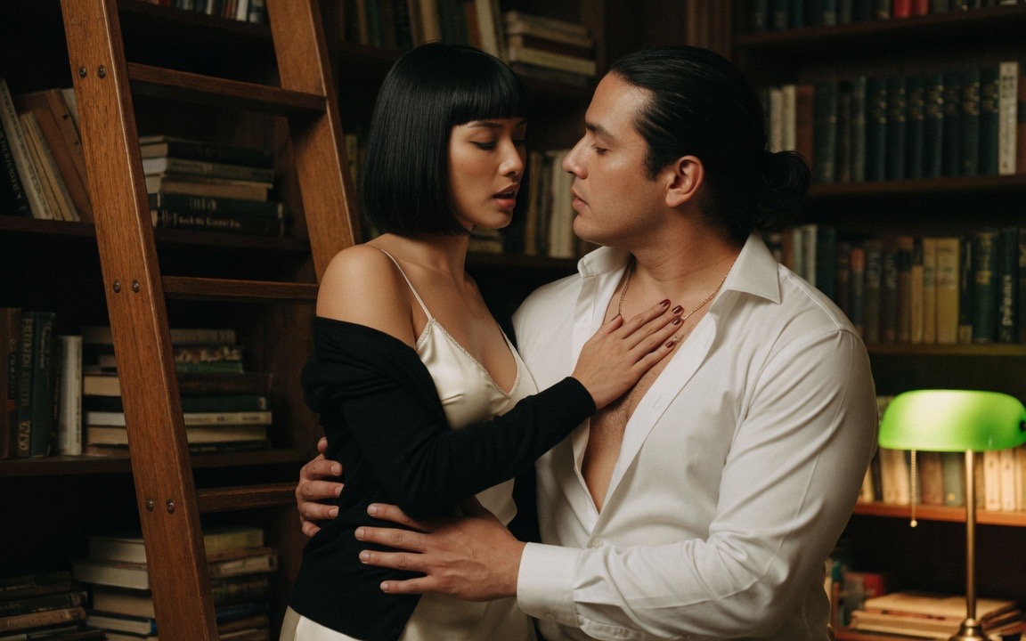A Filipina woman with a sleek black bob and blunt fringe, a black cardigan slipped off one bare shoulder over a cream satin camisole, stands beside a wooden library ladder with one hand flat on the bare chest of a man with dark hair tied back, his white shirt open, his hands at her waist, their faces close, dark bookshelves and a green-shaded desk lamp behind them.