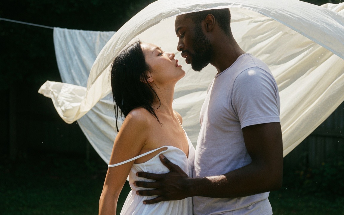 A woman with straight dark hair in a white spaghetti-strap sundress stands pressed close against a bearded man in a light grey t-shirt, his hand at her bare waist, her face tipped up toward his, mouths near but not touching, in front of a large white sheet billowing on a backyard clothesline in bright daylight.
