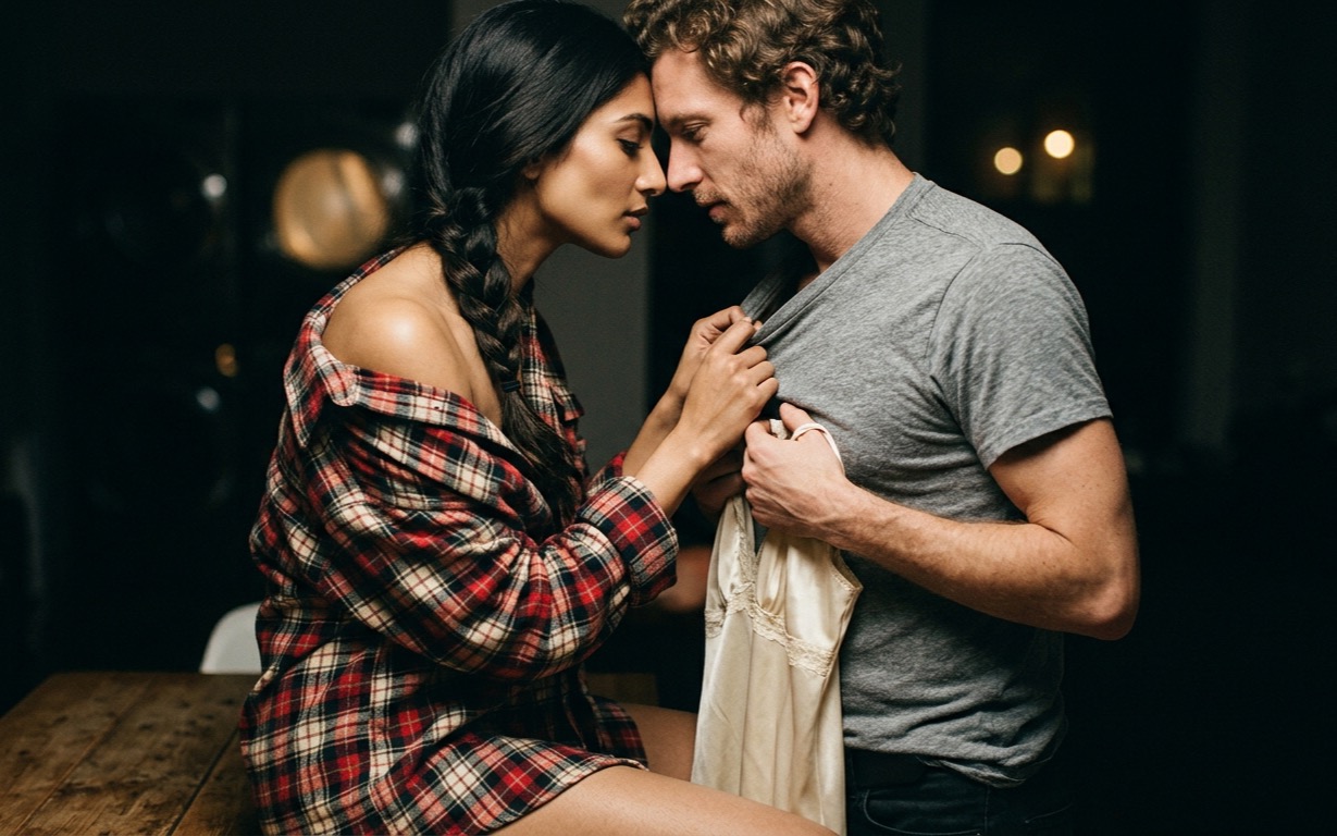 A South Asian woman with a long dark braid, in an oversized red-plaid flannel shirt slipped off one bare shoulder, sits on the edge of a wooden table gripping the collar of a grey T-shirt with both hands; the man wearing it, sandy curly hair and stubble, rests his forehead against hers and holds an ivory satin slip against his chest with one hand, round warm lights blurred in the dark behind them.