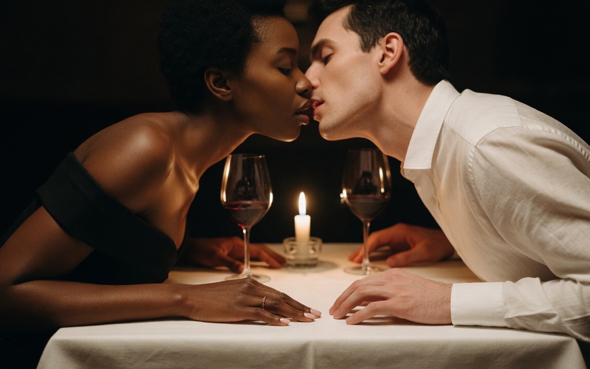 A woman in a black off-the-shoulder dress and a man in a white shirt leaning toward each other across a candlelit restaurant table, their mouths almost meeting, their hands resting an inch apart on the white linen without touching, two glasses of red wine and a candle between them.
