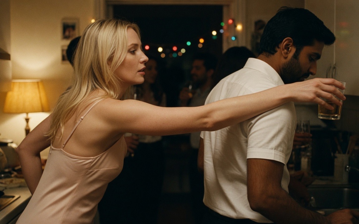 A woman in a pale slip dress reaching past a man in a white shirt for a glass by the kitchen sink at a party, neither of them looking at the other, a lit lamp and strings of coloured lights in the room behind them.