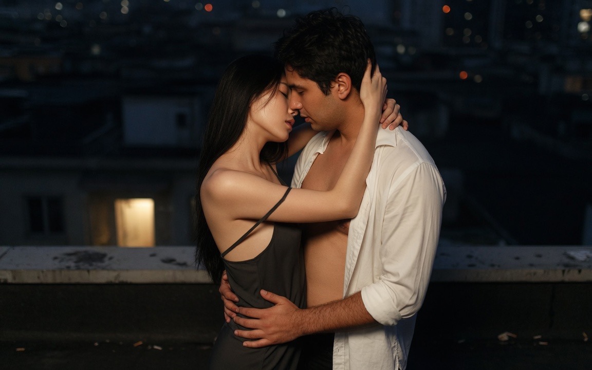 A woman with long black hair in a thin dark slip, one strap fallen off her shoulder, face-to-face with a man in an unbuttoned white shirt, her arm around his neck and his hand at her waist, foreheads together at a rooftop parapet, a lit window and a blurred night skyline behind them.