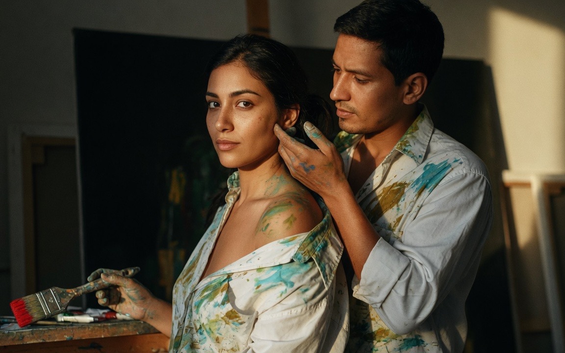 A woman in a paint-stained shirt off one shoulder setting a brush down on a ledge, a man in a paint-stained shirt standing close behind her with his paint-covered hand resting along her jaw and neck, unfinished canvases and an easel in a studio behind them in low gold light.