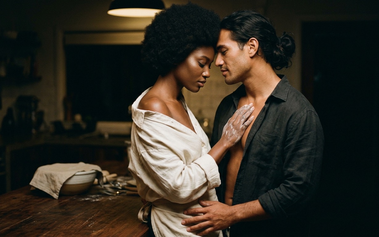 A Black woman with a full natural afro in a loose cream linen shirt slipped off one shoulder stands forehead-to-forehead with a man with long dark hair knotted back, his dark shirt open over his bare chest, her flour-dusted hand flat against his chest, his hand resting at her waist, a tea-towel-covered bowl on the wood counter behind them and a warm pendant light glowing in the dark kitchen above.