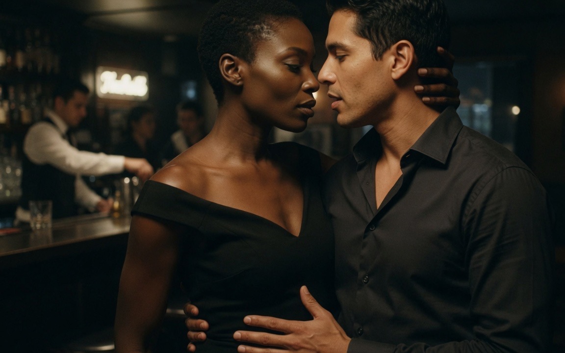 A woman in a black off-the-shoulder evening dress and a man in a dark shirt standing very close in a dim bar, their faces almost touching, her hand cradling the back of his neck and his hand at her waist, a bartender working blurred behind them.