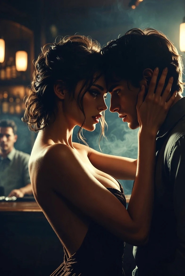 A man and woman in evening wear stand close together in a dimly lit bar, foreheads nearly touching, her hand cradling the back of his head, a bartender behind them.