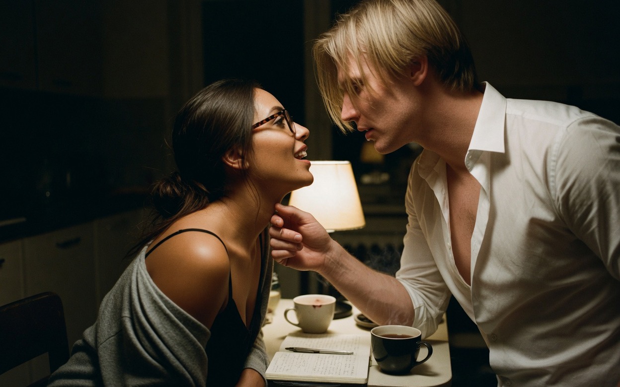 A woman with dark hair in a low bun and tortoiseshell glasses sits at a kitchen table, a fair-haired man leaning in close with his hand cupping her jaw and throat, her lips parted mid-word; an open notebook, two cups and a lit lamp on the table, a dark kitchen behind them.