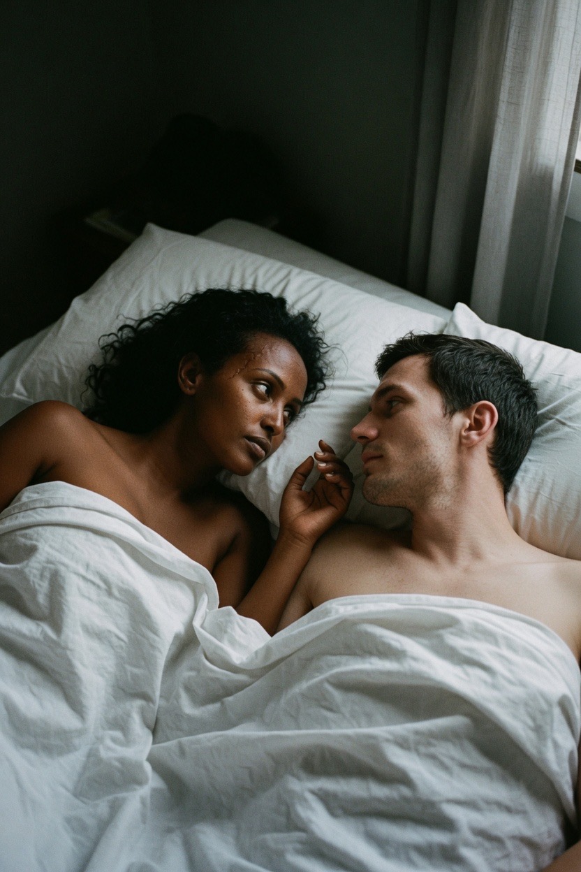 Seen from above, a woman with natural curls and a man lie on their sides in bed facing each other, both awake under a white sheet, her hand raised on the pillow between them in grey morning light.