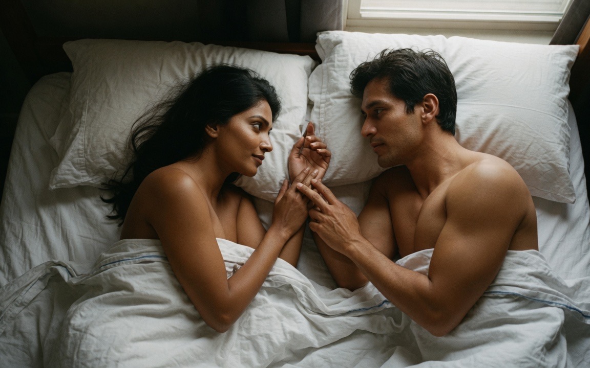 Seen from above, a woman and a man lying on their sides in bed facing each other, both awake with bare shoulders above a white sheet, their hands touching on the pillow between them, tangled white bedding and soft grey morning light from a window.