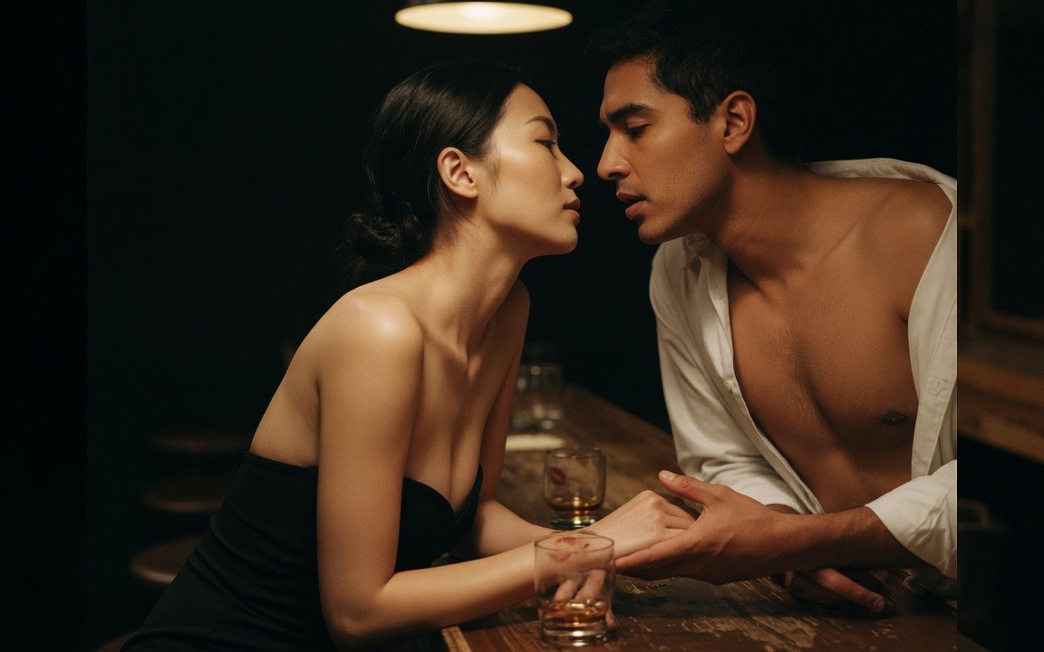 A woman in a black strapless dress and a man in an open white shirt leaning close together at a dim bar, their faces almost touching, his hand resting over hers on the wooden bar beside two whiskey glasses, one low warm light above them and the room behind dark.