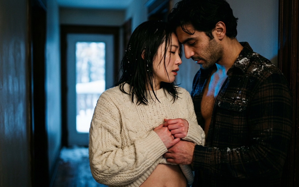 A Korean woman with wet black hair flecked with snow, in an oversized cream cable-knit sweater ridden up over her bare midriff, rests her forehead against that of a bearded Middle Eastern man in an open plaid flannel shirt with snow on its shoulders; her eyes are closed and her hands are clasped at her chest over his, in a dim hallway lit blue by a glass door onto snow at its far end.