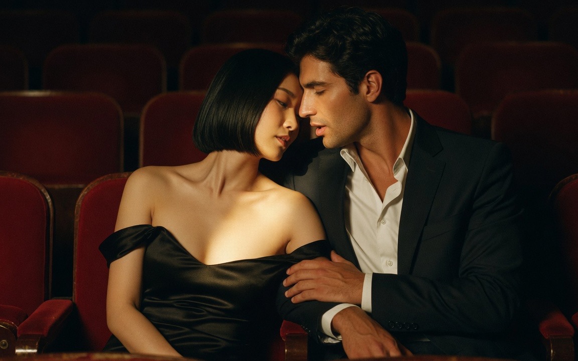 A woman with a sleek black bob in an off-the-shoulder black satin dress seated close beside a man in an open-collared dark suit, his hand resting on her bare arm, their foreheads nearly touching, in a dim theater with rows of empty red velvet seats behind them.