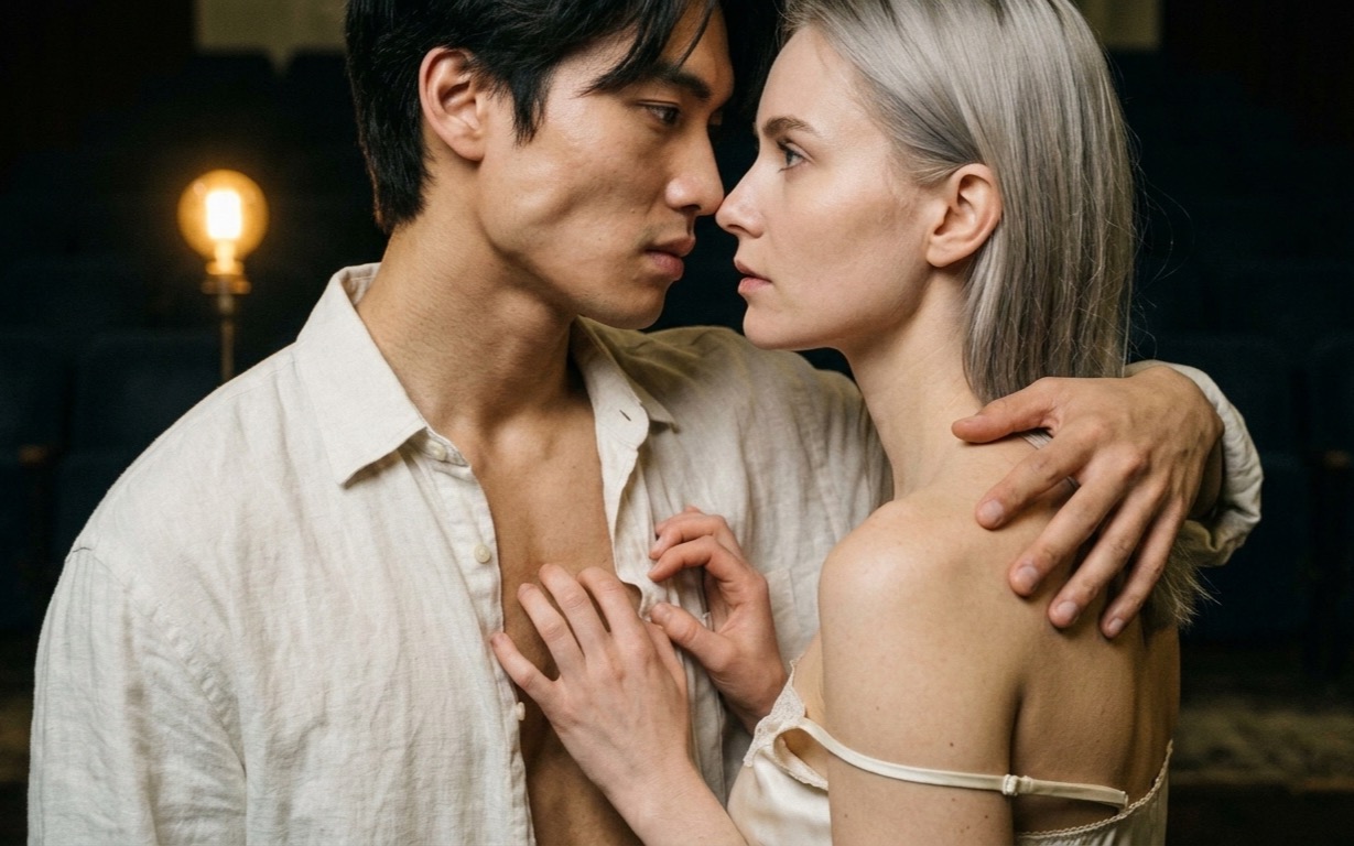 A pale woman with long straight ash-blonde hair, in an ivory chemise with one strap slipped down her bare shoulder, stands face-to-face with a lanky East Asian man in an unbuttoned white linen shirt bared over his chest, his hand spread across her shoulder blade and her fingers curled into his open collar, their mouths a breath apart and not touching, a single bare bulb glowing behind them against dark rows of empty theatre seats.