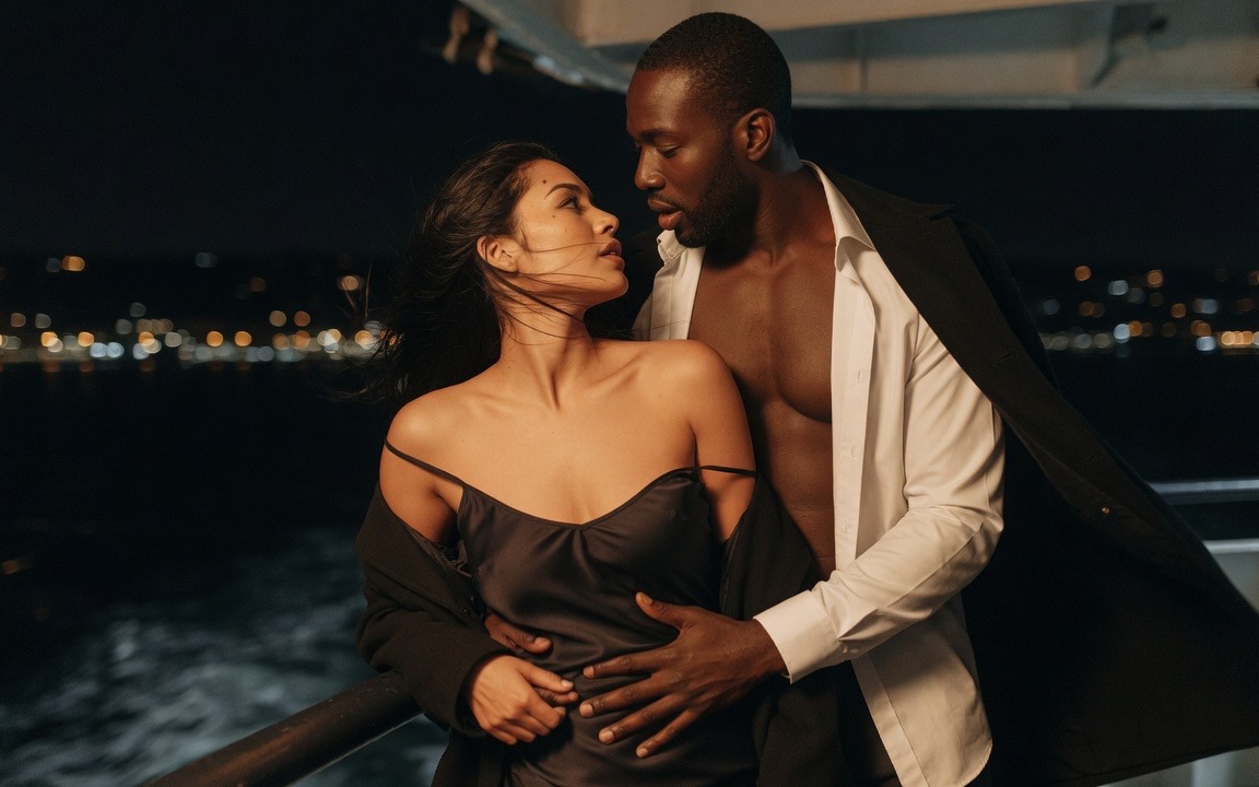 A woman with long dark hair in a black slip dress, her coat slipping off one bare shoulder, stands close against a man in an open white shirt and dark coat, his hand at her waist, their faces near each other at the metal rail of a night ferry, city lights blurred behind them across dark water.