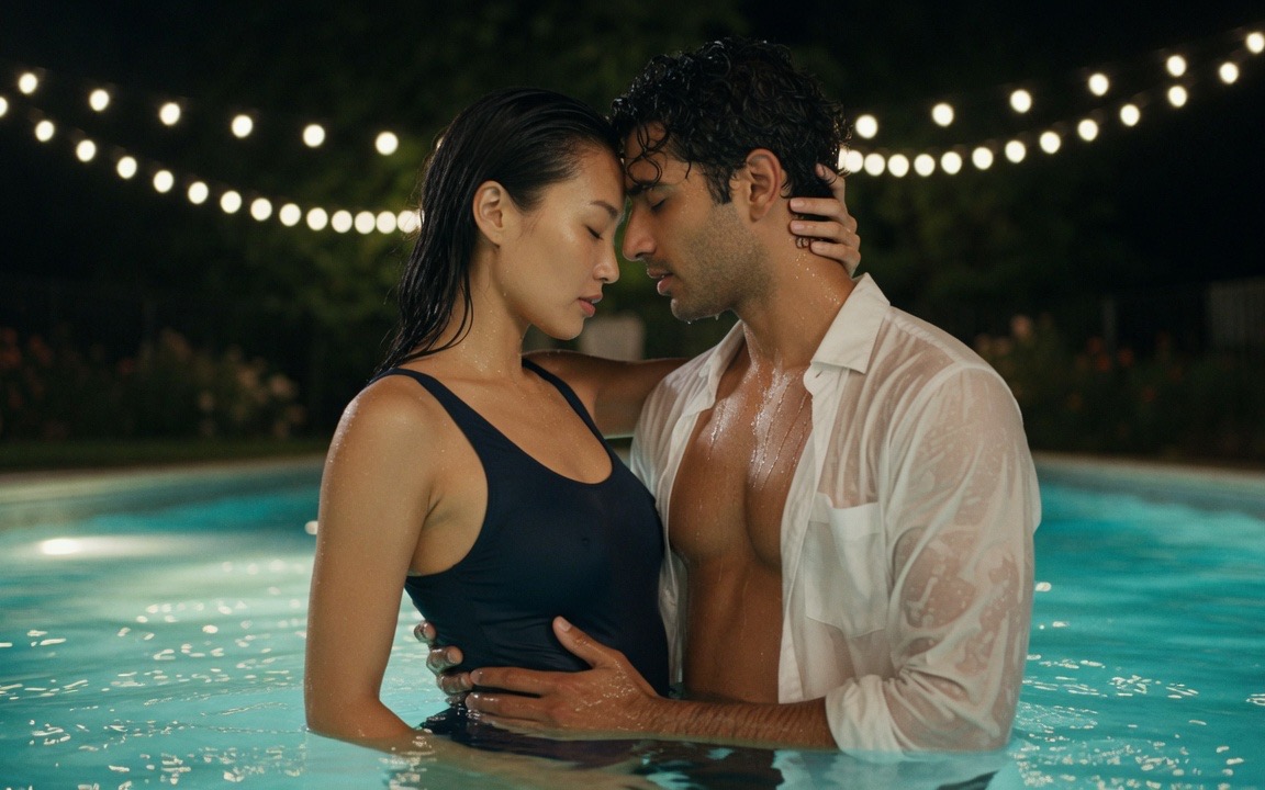 A woman in a dark swimsuit standing waist-deep in a lit pool at night with a man whose white shirt is soaked through and hanging open, her hand at the back of his neck and his palm at her waist, their foreheads together, strings of party lights across a dark garden behind them.