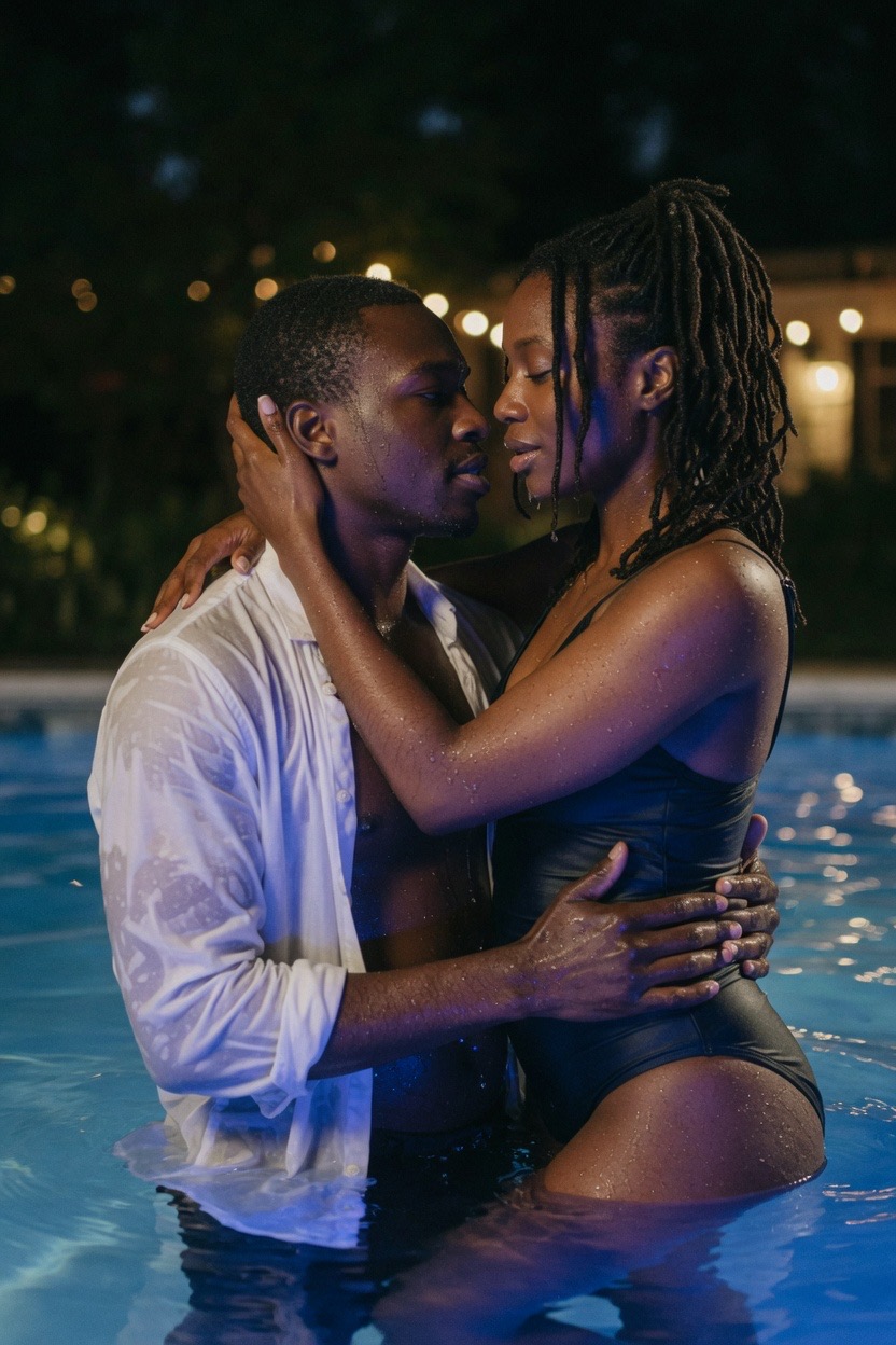 A woman with long locs in a dark swimsuit stands waist-deep in a lit pool at night, held close by a man whose white shirt is soaked through and open, her hand at the back of his neck and his at her waist, party lights strung through the dark garden behind them.