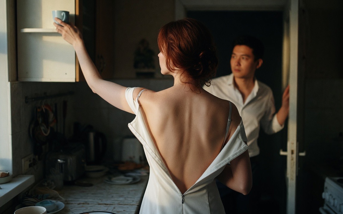 A woman seen from behind at a kitchen counter in low morning light, the back of her dress unzipped the full length of her bare spine, reaching up to take a mug down from a shelf, a man standing out of focus in the doorway behind her.