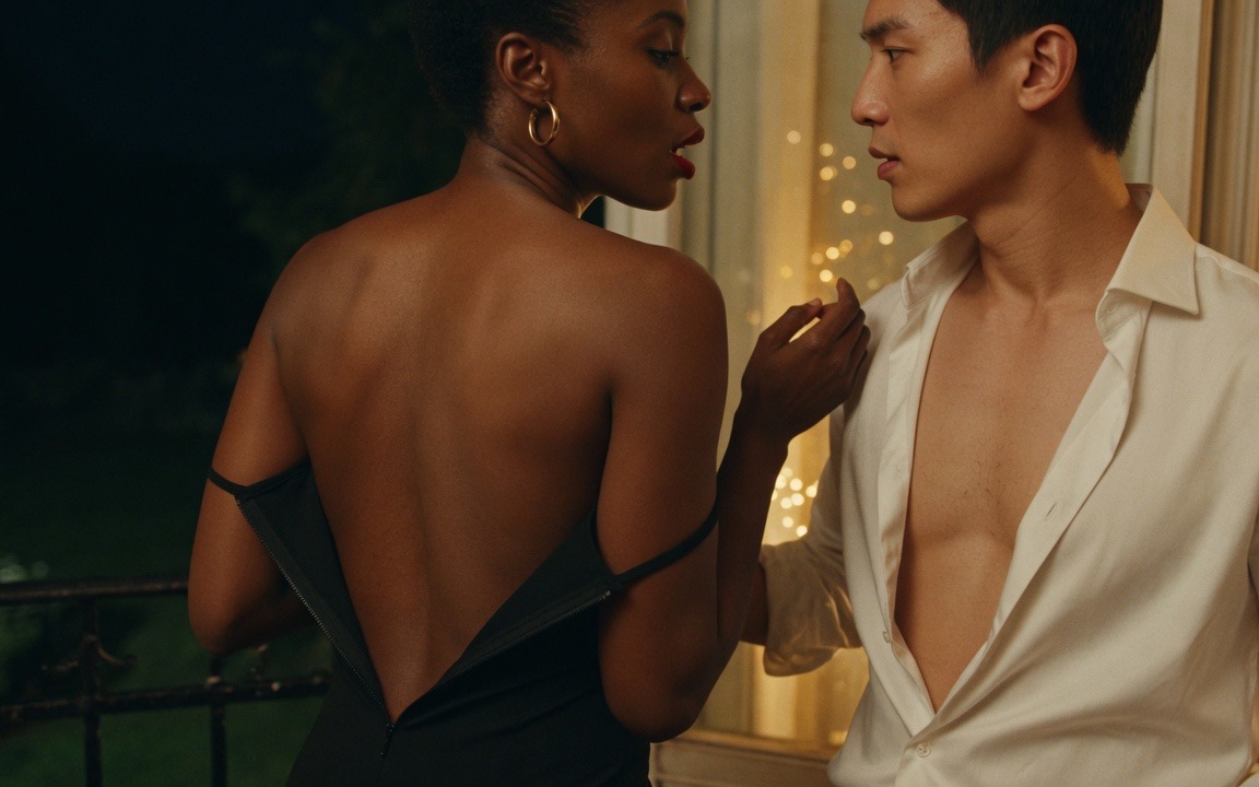 A woman in a black evening dress unzipped low down her bare back, turned toward a man in an open dinner shirt at the rail of a dark terrace, their mouths close but not touching and her raised hand not quite reaching him, warm party light through a glass door behind them and a dark garden below.