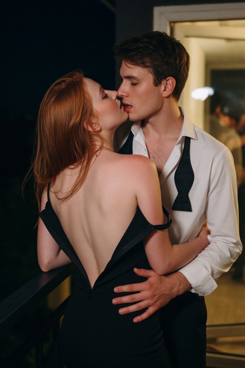 A woman with copper red hair in a black evening dress unzipped low down her bare back turns into a man in an open dinner shirt at the rail of a dark terrace, her mouth at his, his hand at the small of her back, party light spilling through the glass door behind them.
