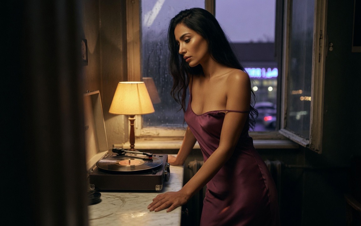 A woman with long dark hair in a plum silk slip dress with one strap fallen from her shoulder, standing alone and still with her palm flat on a marble counter beside a record player, a lit lamp and a rain-streaked window onto a neon street behind her.