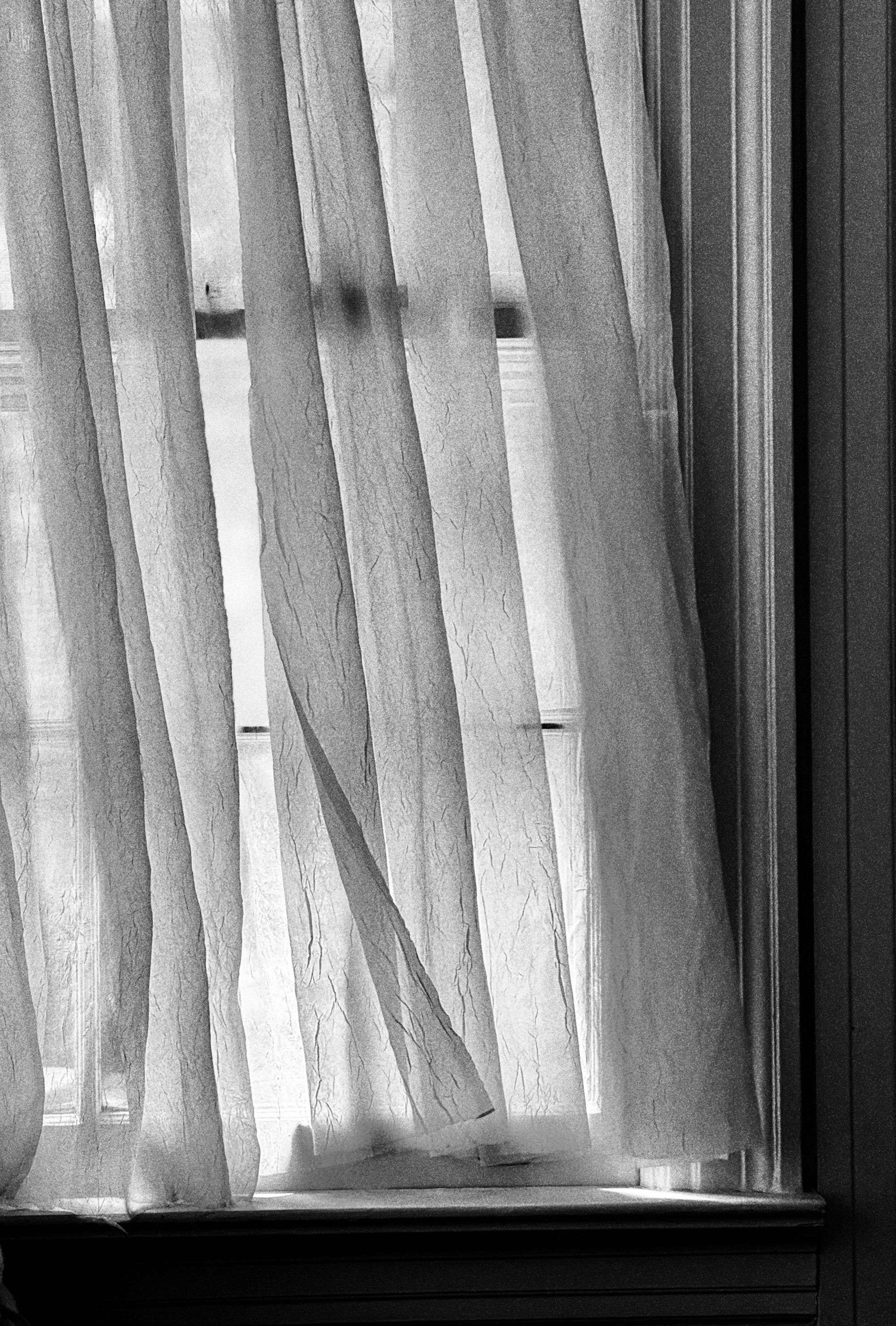 Sheer white curtains moving softly in a cracked-open window, evening light behind them.