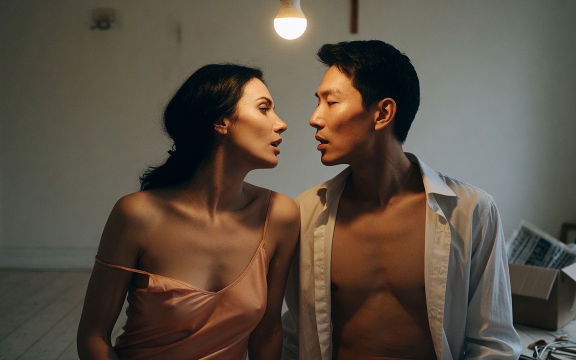 A woman in a peach silk slip with one strap fallen and a man in an open white shirt standing inches apart and facing each other without touching in an emptied room, a bare bulb burning overhead and an open cardboard box on the bare floor beside them.
