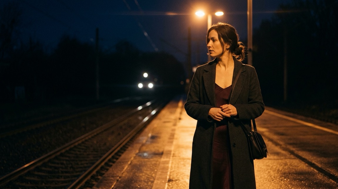 A woman alone on an empty railway platform after midnight, in a long dark coat over a burgundy slip dress, both hands gone still on the strap of her bag as she looks down the track toward the headlights of an approaching train, a sodium lamp streaking gold across the wet concrete.