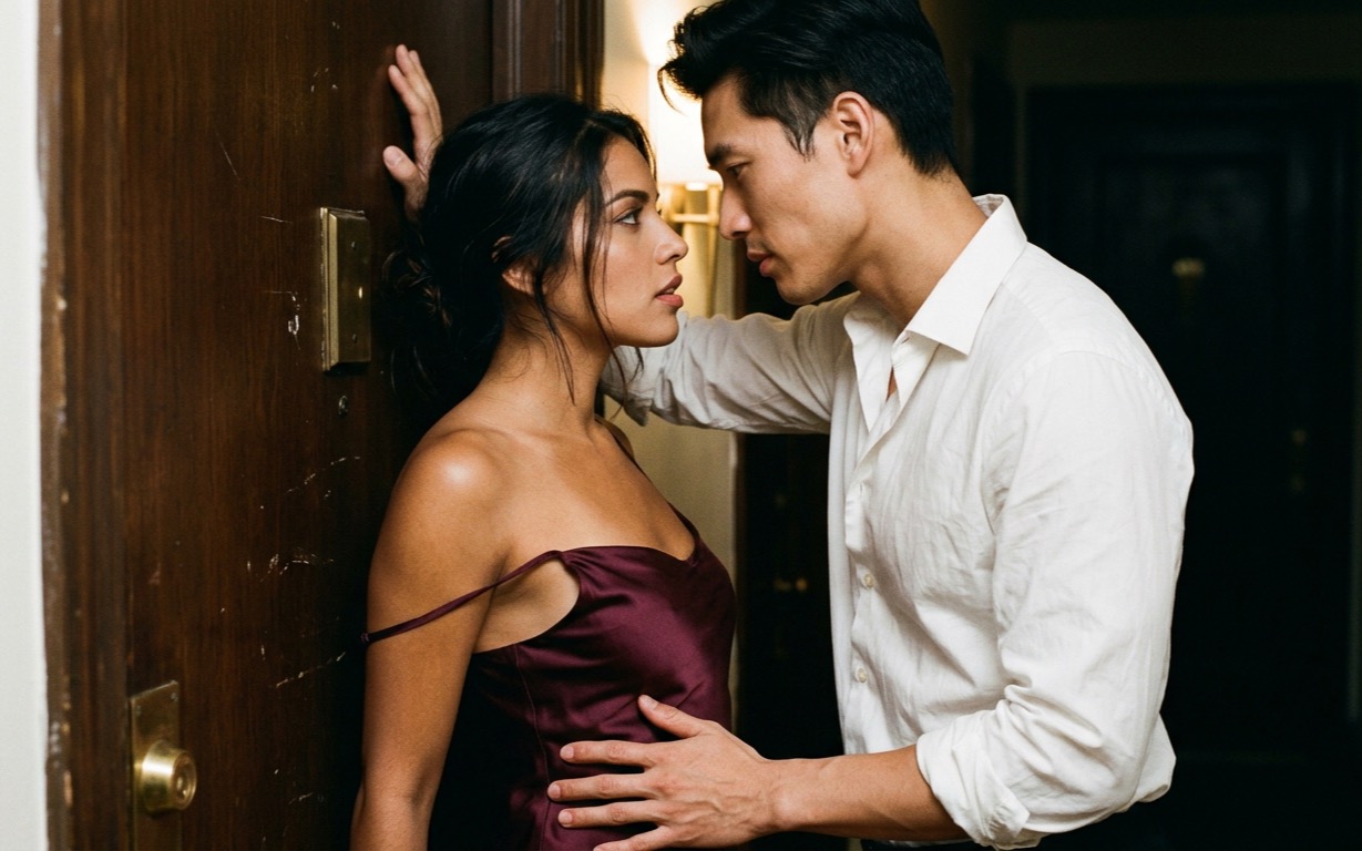 A woman in a deep-wine silk slip dress, one strap fallen off her shoulder, stands with her back against a closed wooden door in a dim entryway; a man in an open white dress shirt leans in close, one hand braced on the door above her, the other resting at her waist, their faces near but not touching, a warm sconce glowing behind him.